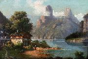 August Peters Cottage with lake and mountains Germany oil painting artist
